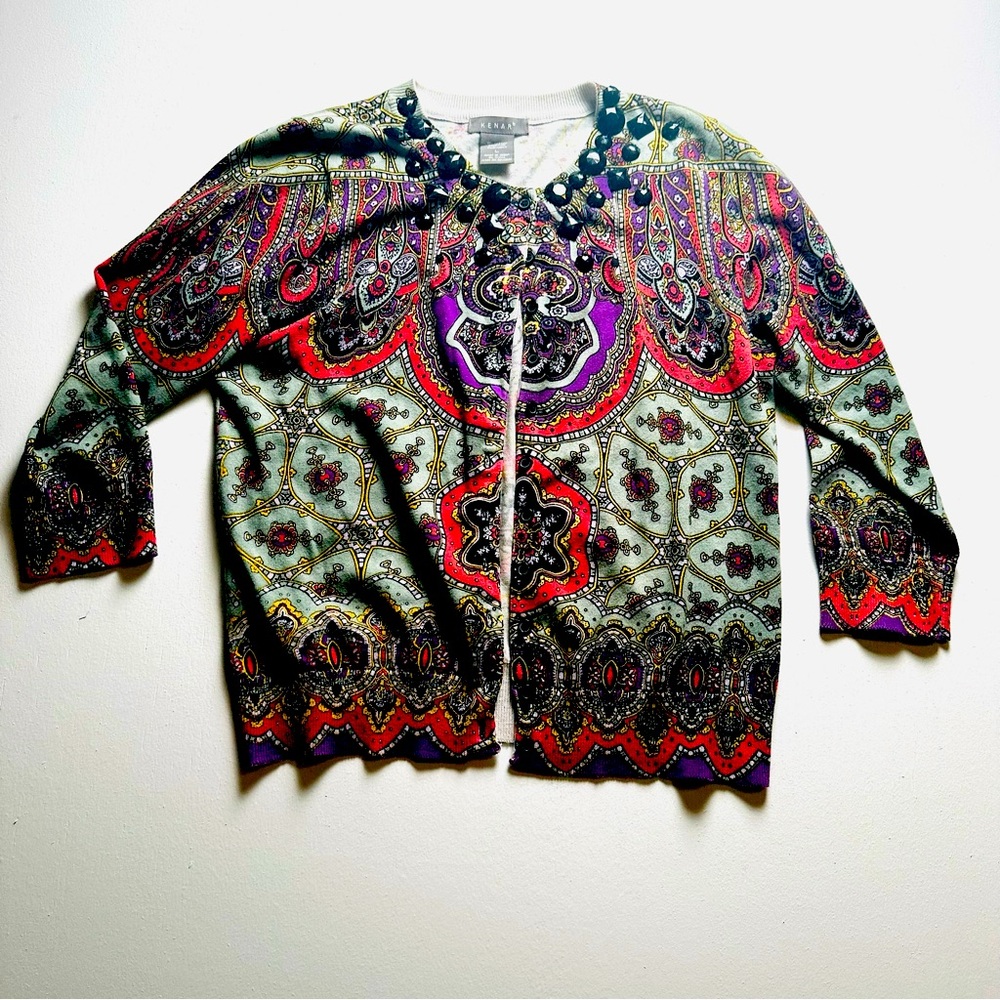 Kenar Cardigan Size Large‎ Paisley Vintage Look Rhinestone Multicolor